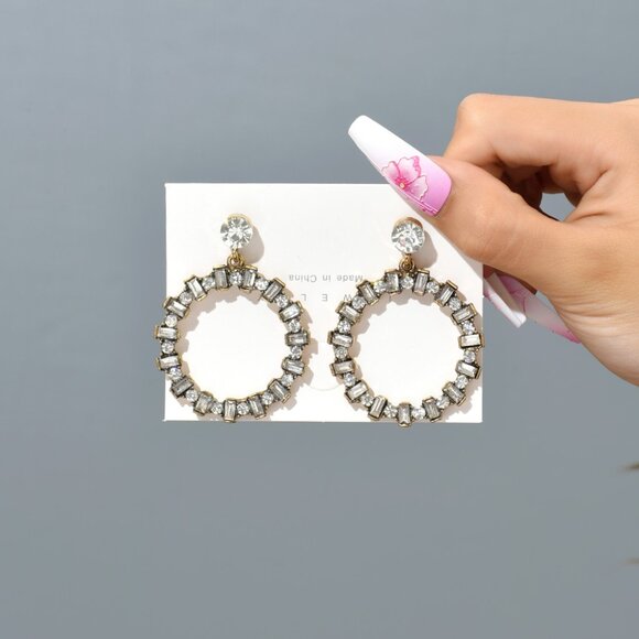 3/$35 Gold Large Dangle Drop Earrings Stainless Steel Diamond Rhinestone - Picture 4 of 7